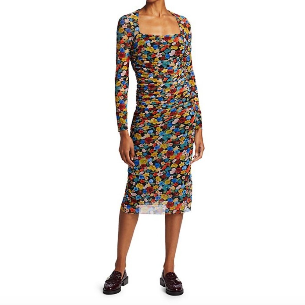 **BNWT** GANNI Floral Print Long Sleeve Shirred Mesh Dress